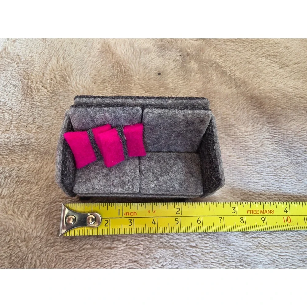 Handmade Felt Sofa Brooch Miniature Grey Couch Pink Pillows Novelty Pin 2.75in